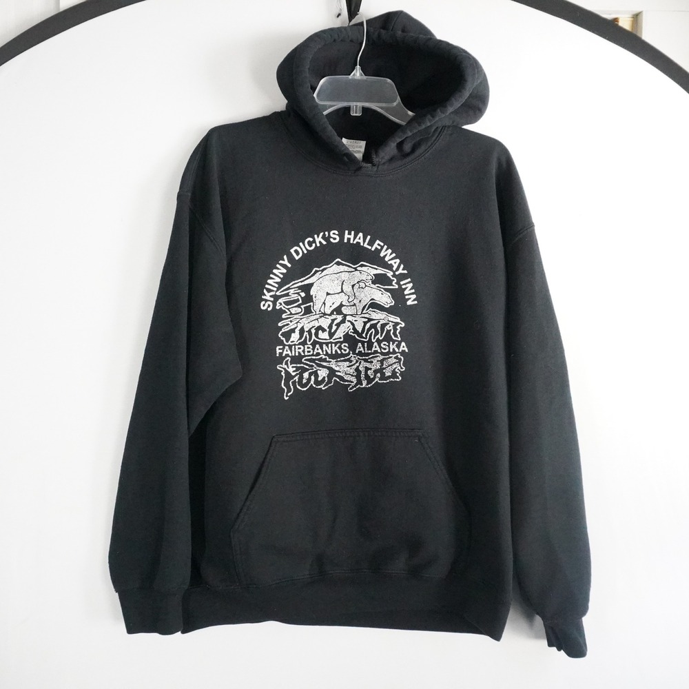 VTG Skinny Dick's Halfway Inn Fairbanks Alaska Black Graphic‎ Hoodie Mens Large